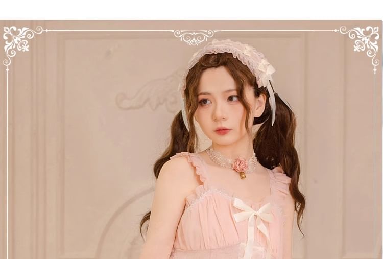 Sleeveless Jacquard Bow Accent Frill Trim Ruched Lace-Up Mini A-Line Dress