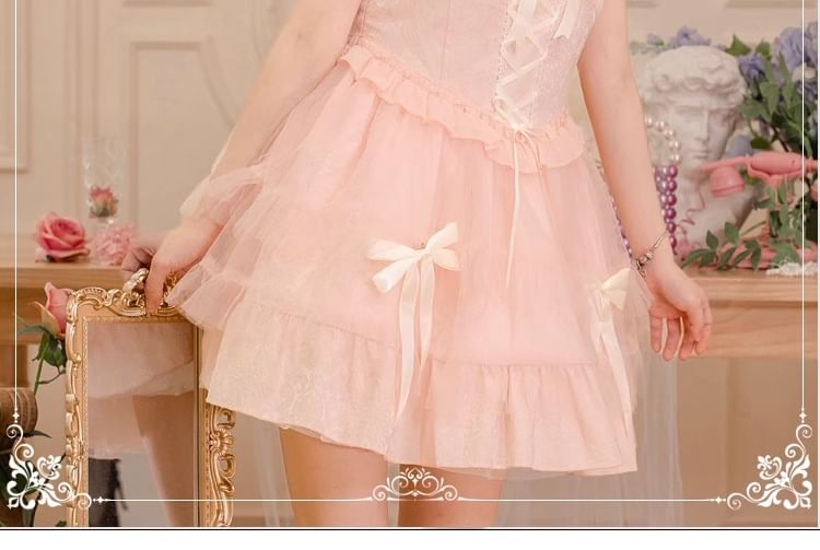 Sleeveless Jacquard Bow Accent Frill Trim Ruched Lace-Up Mini A-Line Dress