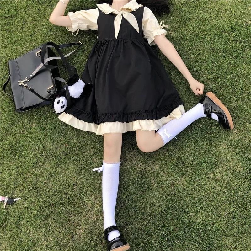 Puff-Sleeve Peter Pan Collar Mock Two-Piece Two Tone Bow Accent Frill Trim A-Line Dress