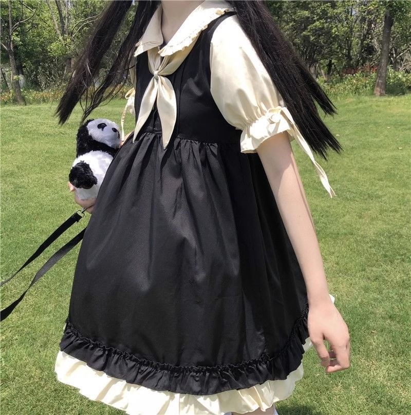 Puff-Sleeve Peter Pan Collar Mock Two-Piece Two Tone Bow Accent Frill Trim A-Line Dress