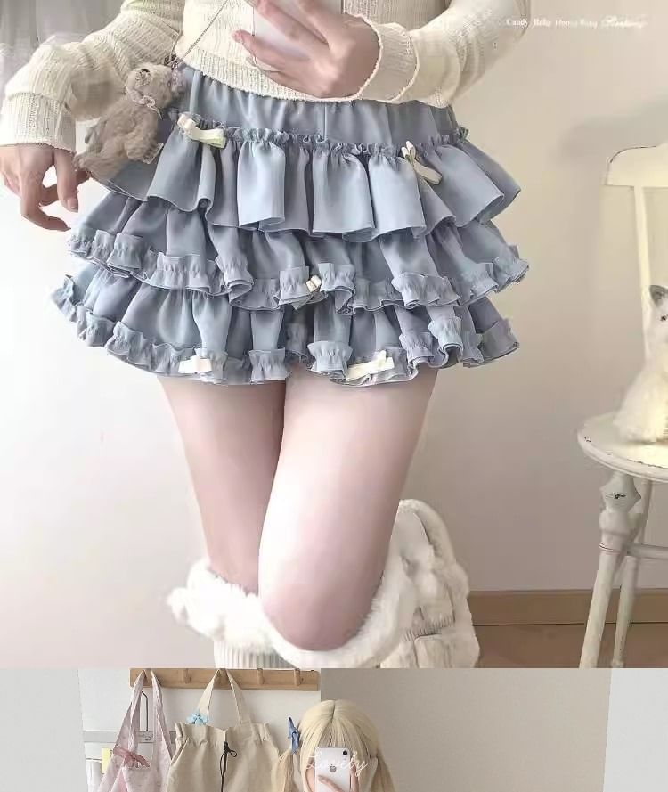 High Waist Plain Bow Accent Frill Trim Tiered Mini A-Line Skort