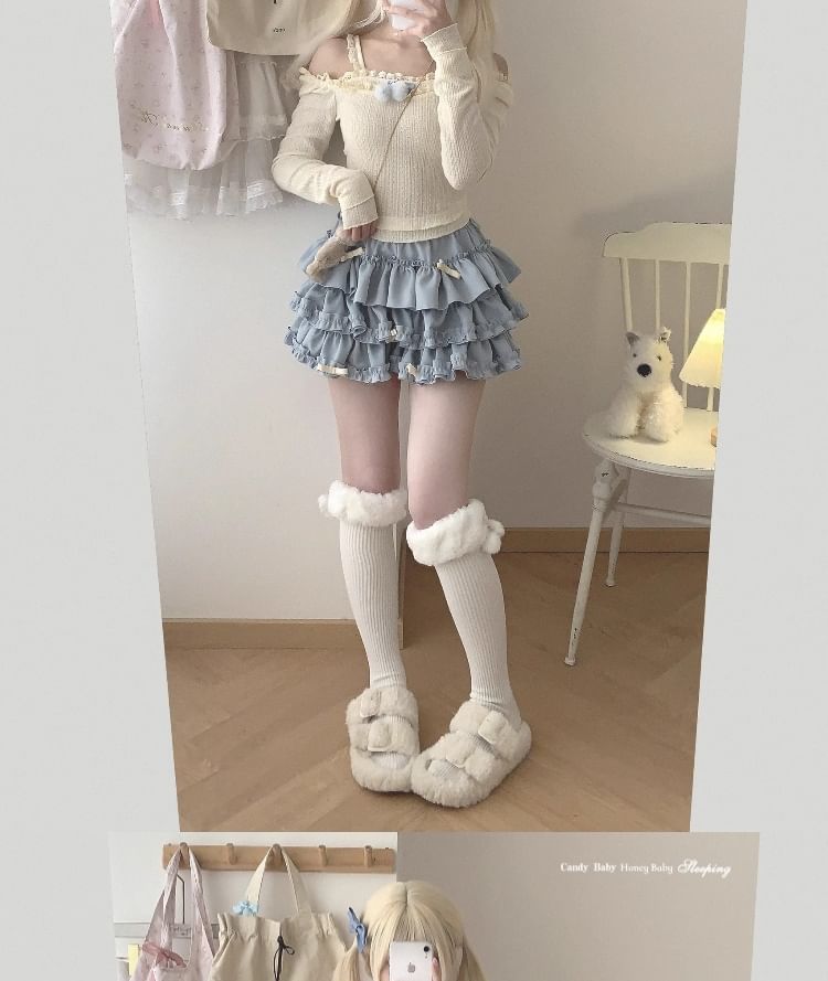 High Waist Plain Bow Accent Frill Trim Tiered Mini A-Line Skort