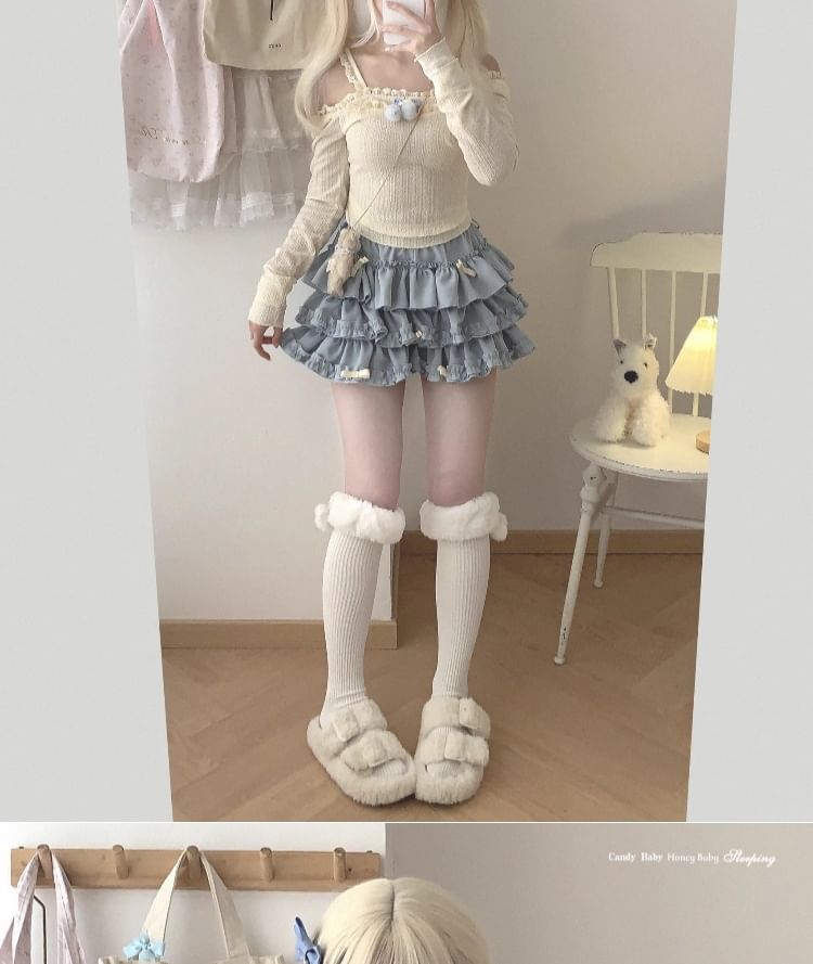 High Waist Plain Bow Accent Frill Trim Tiered Mini A-Line Skort