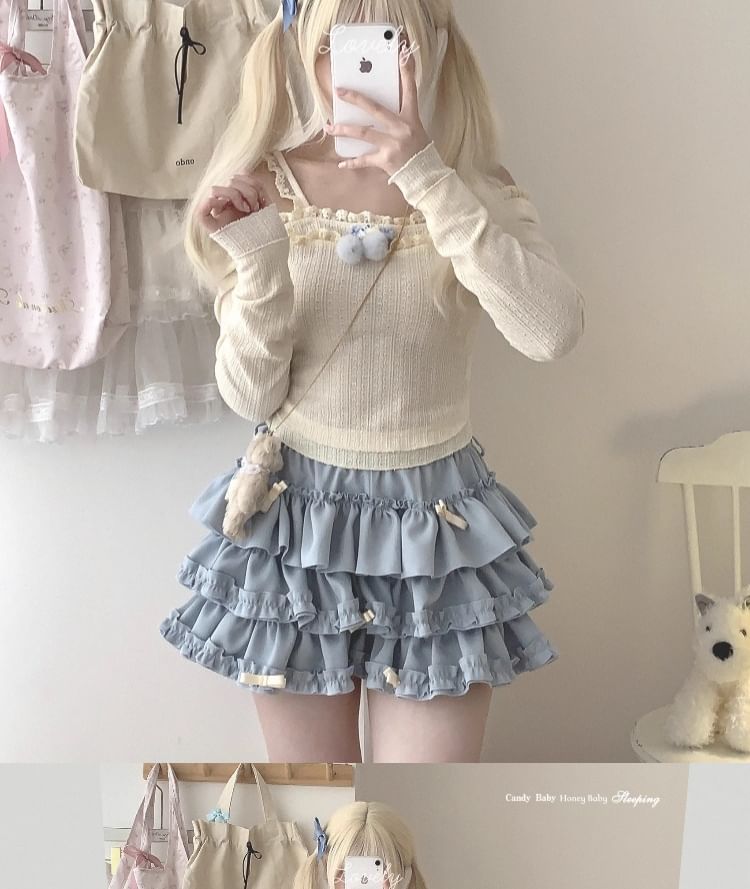 High Waist Plain Bow Accent Frill Trim Tiered Mini A-Line Skort