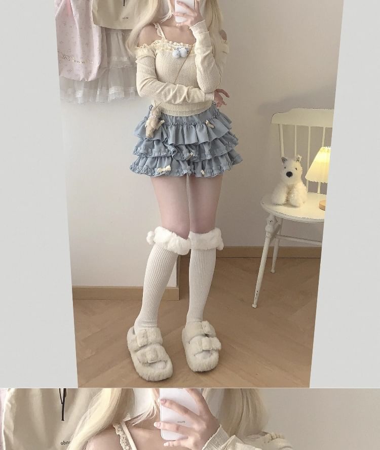 High Waist Plain Bow Accent Frill Trim Tiered Mini A-Line Skort