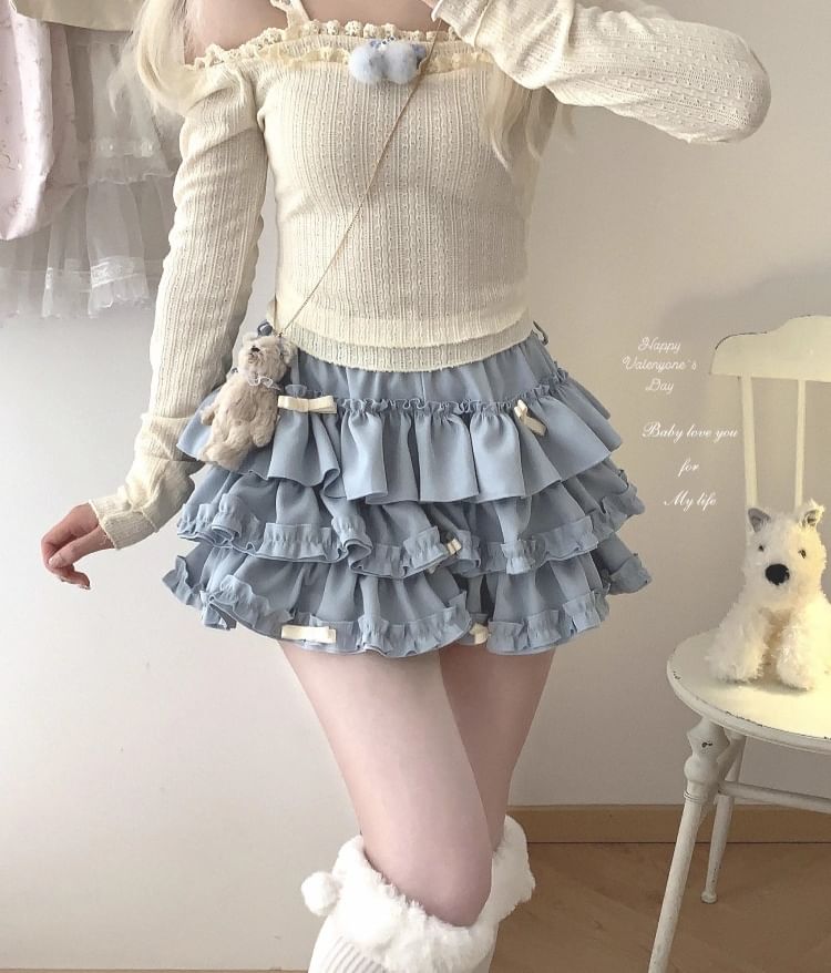 High Waist Plain Bow Accent Frill Trim Tiered Mini A-Line Skort