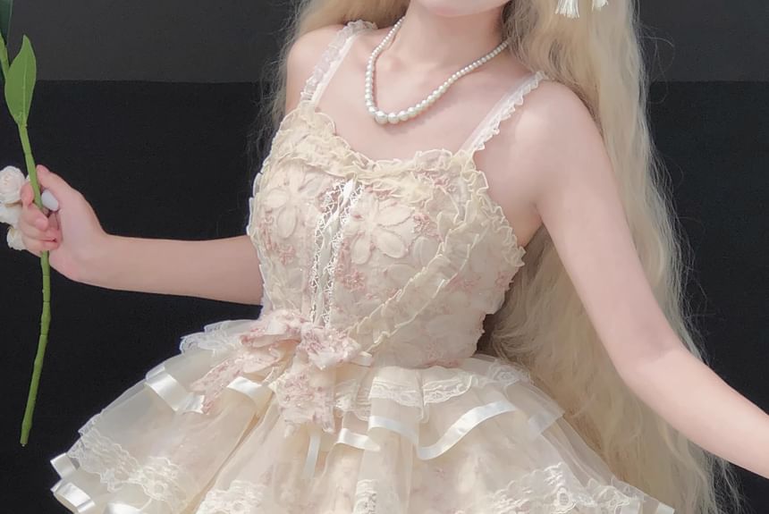 Spaghetti Strap Lace Panel Bow Accent Frill Trim Tiered Mini A-Line Dress / Petticoat Skirt