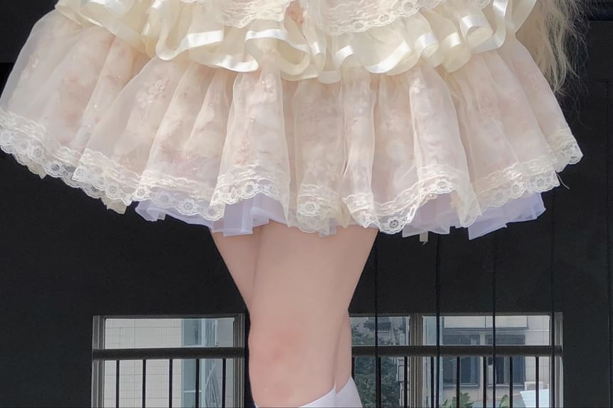 Spaghetti Strap Lace Panel Bow Accent Frill Trim Tiered Mini A-Line Dress / Petticoat Skirt