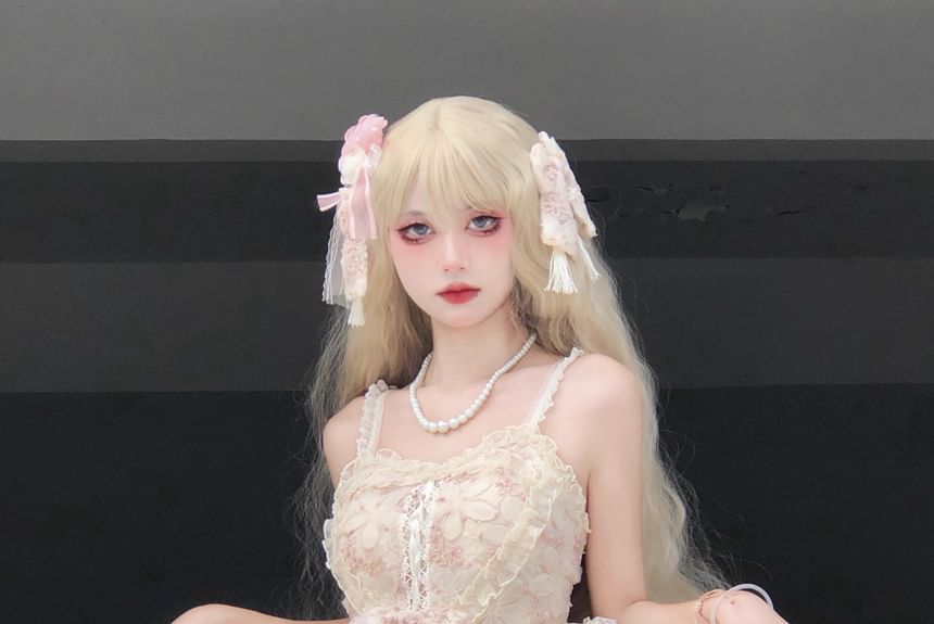 Spaghetti Strap Lace Panel Bow Accent Frill Trim Tiered Mini A-Line Dress / Petticoat Skirt