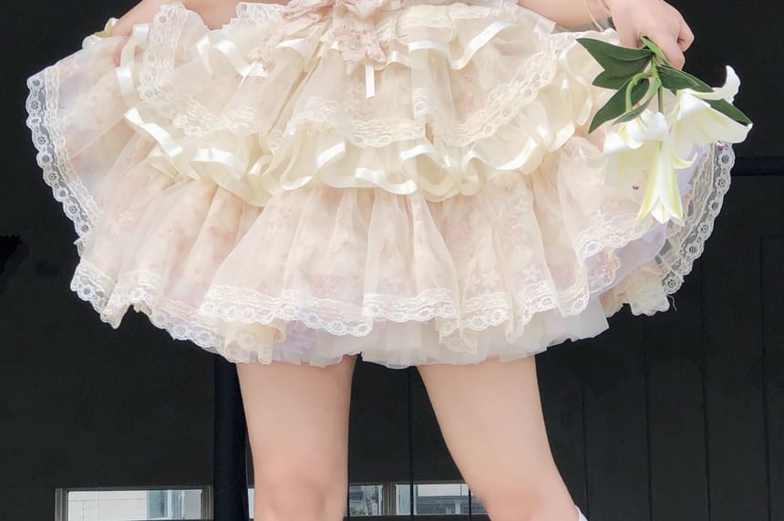 Spaghetti Strap Lace Panel Bow Accent Frill Trim Tiered Mini A-Line Dress / Petticoat Skirt