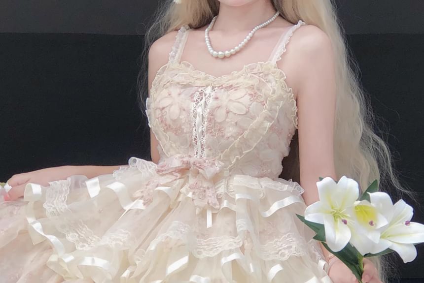 Spaghetti Strap Lace Panel Bow Accent Frill Trim Tiered Mini A-Line Dress / Petticoat Skirt