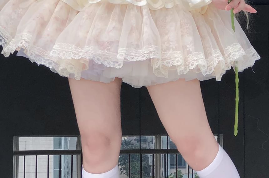 Spaghetti Strap Lace Panel Bow Accent Frill Trim Tiered Mini A-Line Dress / Petticoat Skirt