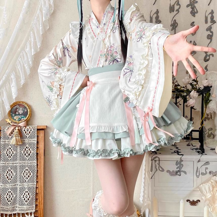 Long-Sleeve V-Neck Floral Print Frill Trim Wrap Blouse / Two Tone Layered Suspender Mini A-Line Skirt / Bow Apron / Petticoat Skirt / Set