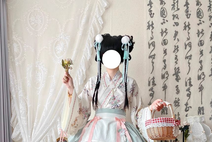 Long-Sleeve V-Neck Floral Print Frill Trim Wrap Blouse / Two Tone Layered Suspender Mini A-Line Skirt / Bow Apron / Petticoat Skirt / Set