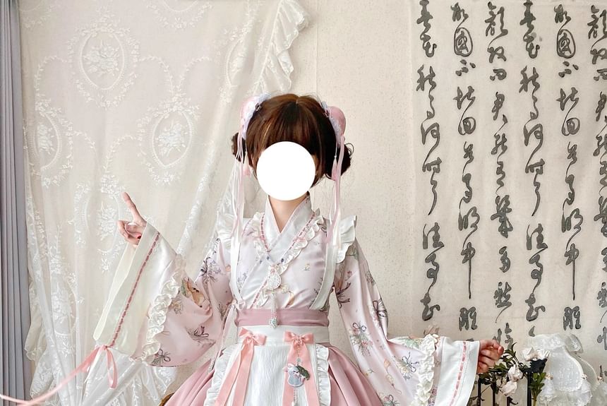 Long-Sleeve V-Neck Floral Print Frill Trim Wrap Blouse / Two Tone Layered Suspender Mini A-Line Skirt / Bow Apron / Petticoat Skirt / Set