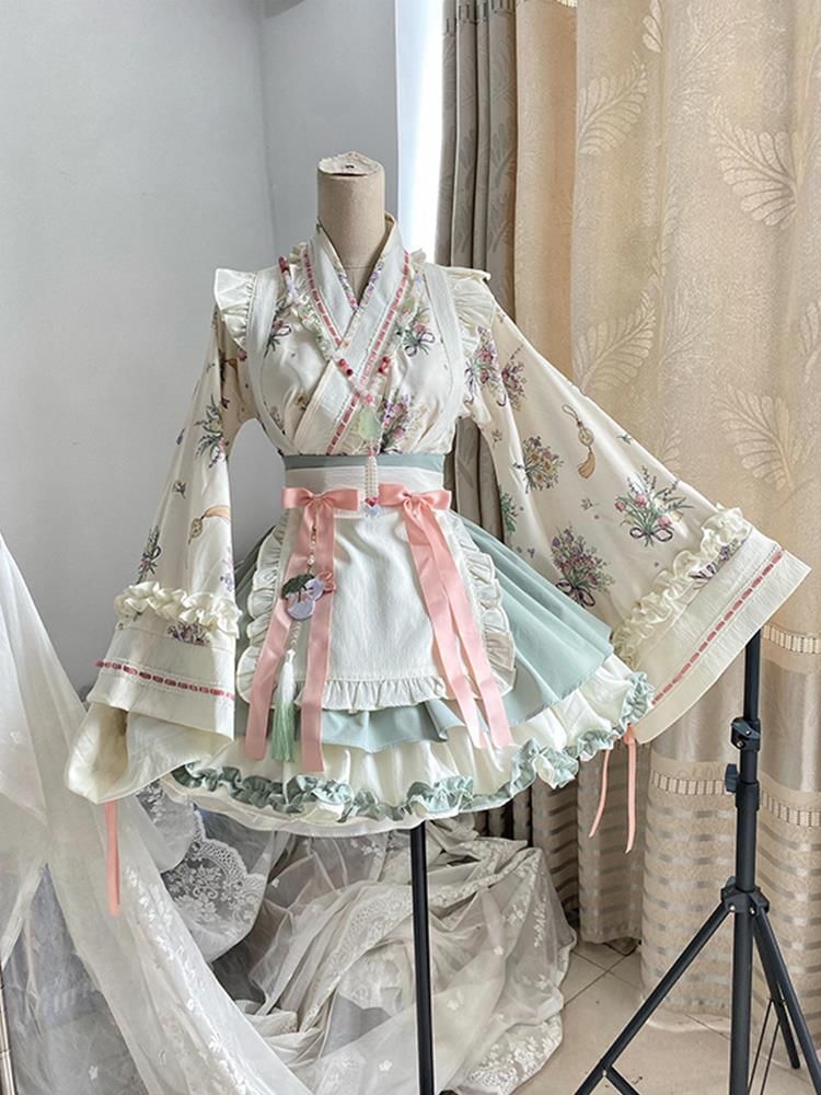 Long-Sleeve V-Neck Floral Print Frill Trim Wrap Blouse / Two Tone Layered Suspender Mini A-Line Skirt / Bow Apron / Petticoat Skirt / Set