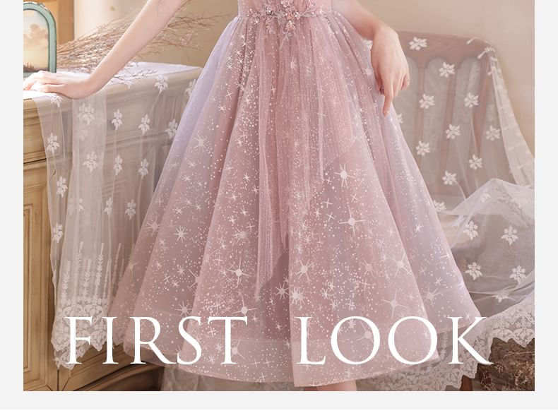 Cocktail Short-Sleeve Sequin Mesh Dress A-Line Midi