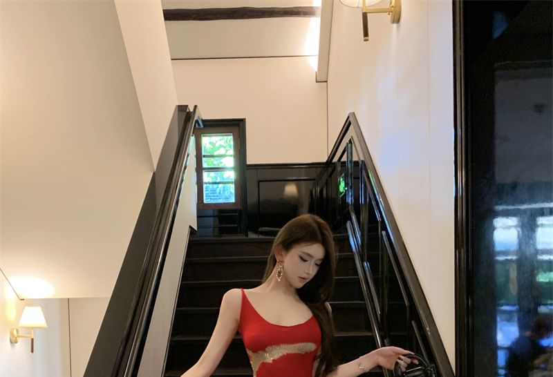 Maxi Dress Back Open Sleeveless Scoop Neck Bodycon Patterned