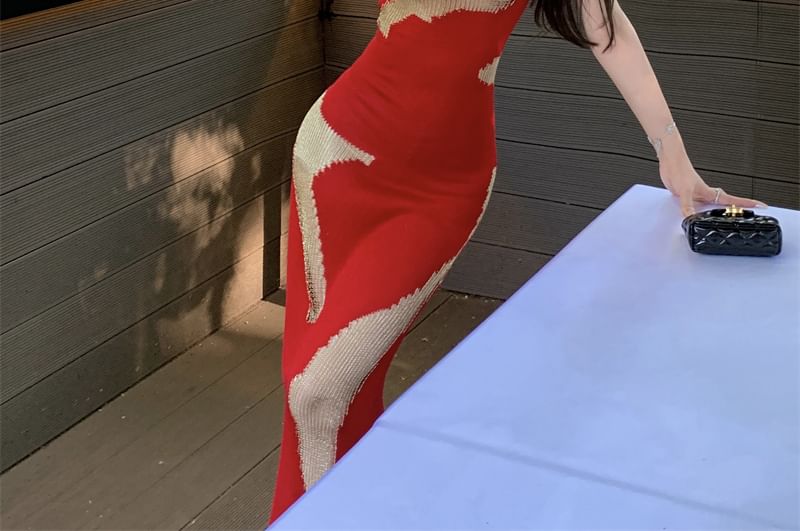 Maxi Dress Back Open Sleeveless Scoop Neck Bodycon Patterned