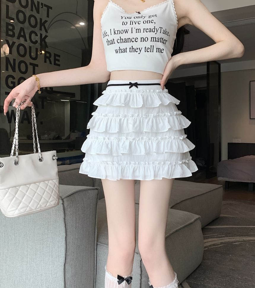 Bow Mini Rise High A-Line Tiered Skirt