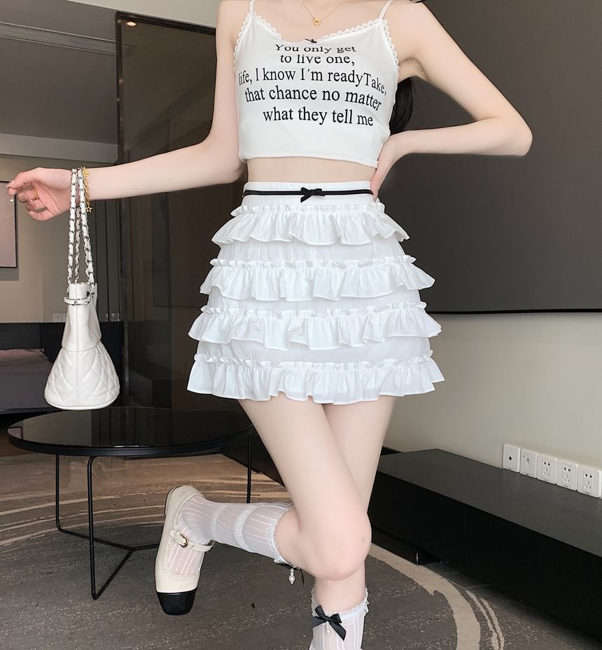 Bow Mini Rise High A-Line Tiered Skirt
