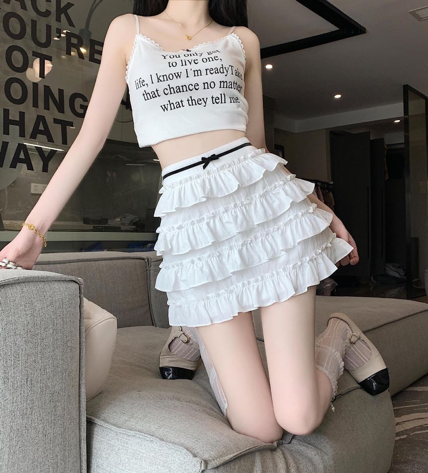 Bow Mini Rise High A-Line Tiered Skirt