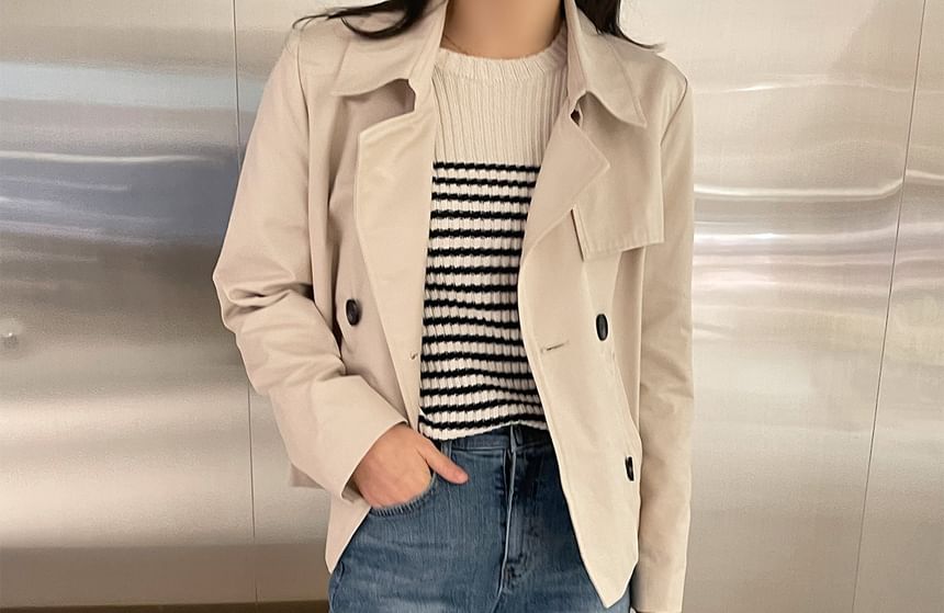 Collared Plain Double Breasted Trench Jacket