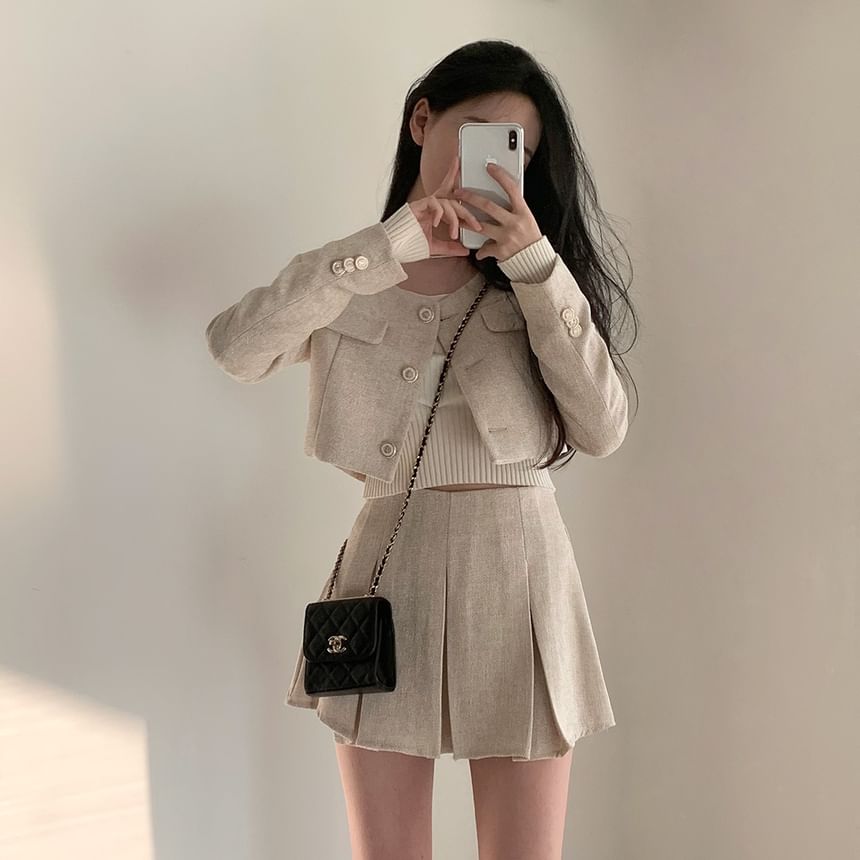 Round Neck Plain Crop Button Jacket / High Rise Pleated Mini A-Line Skirt