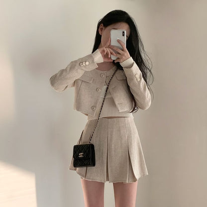 Round Neck Plain Crop Button Jacket / High Rise Pleated Mini A-Line Skirt