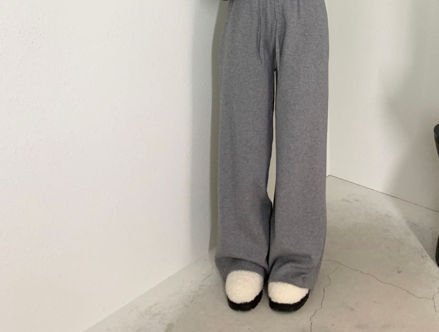 Set: Long Sleeve One Shoulder Plain Knit Top + Drawstring Waist Wide Leg Pants