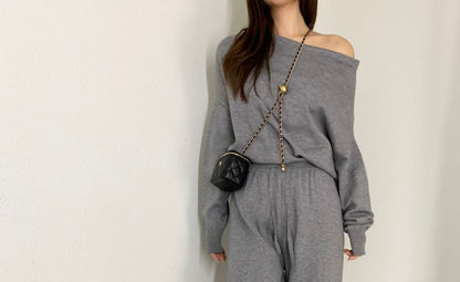 Set: Long Sleeve One Shoulder Plain Knit Top + Drawstring Waist Wide Leg Pants