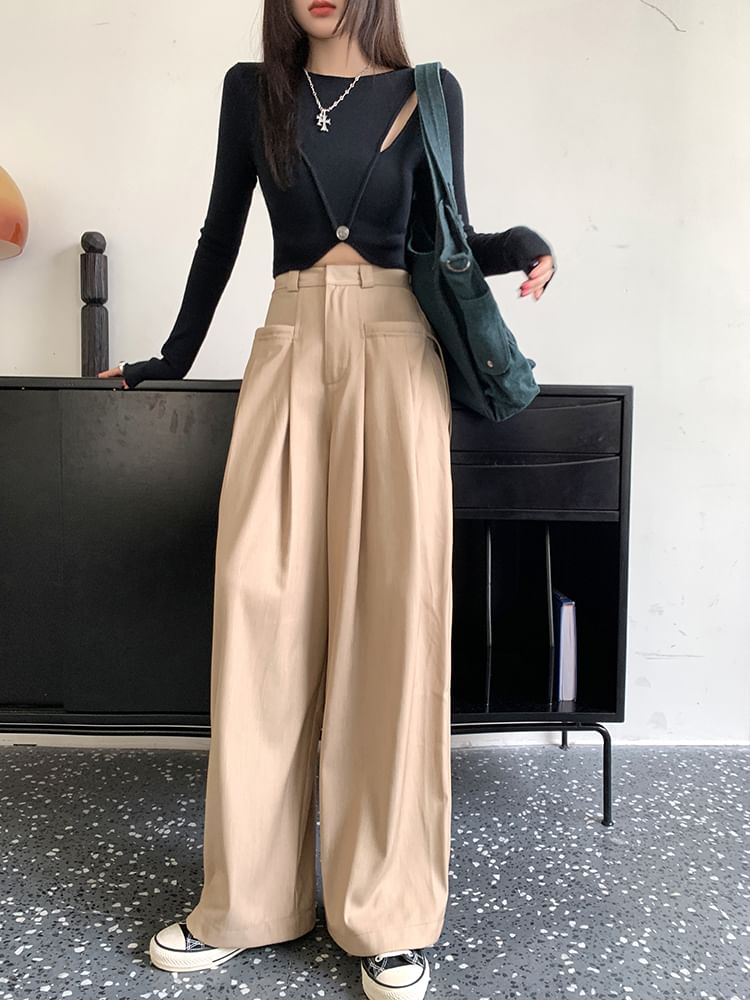 Suit Pants Wide High Plain Pleated Leg Rise