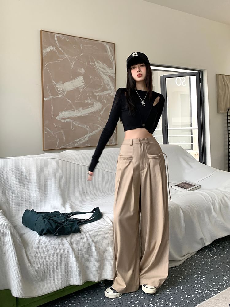 Suit Pants Wide High Plain Pleated Leg Rise