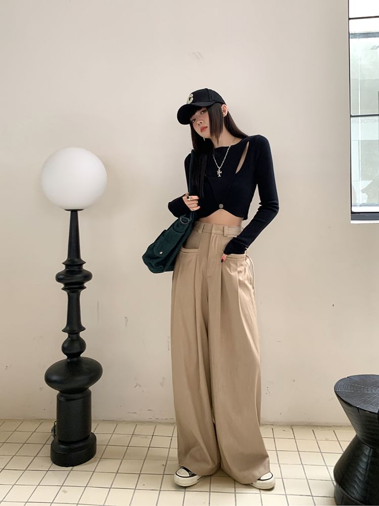 Suit Pants Wide High Plain Pleated Leg Rise