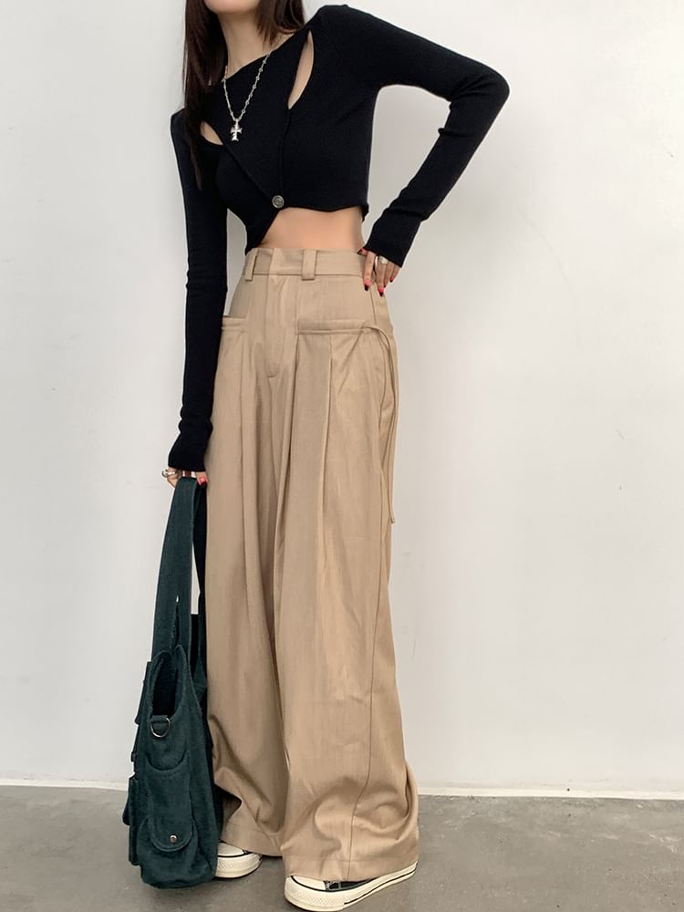 Suit Pants Wide High Plain Pleated Leg Rise
