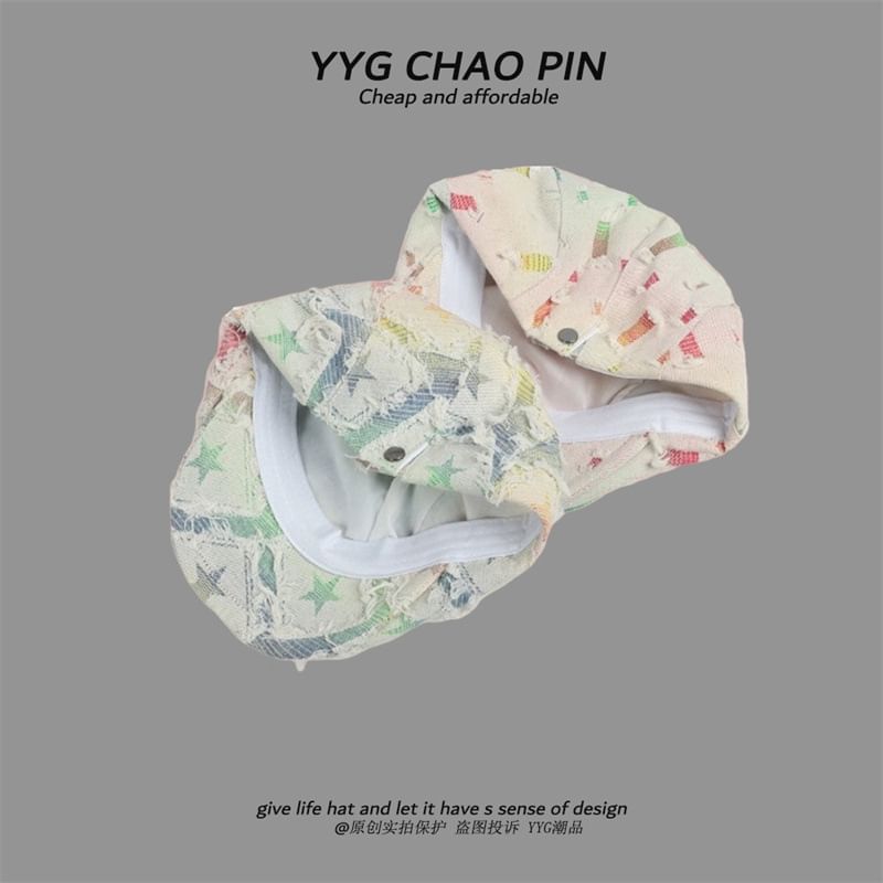 Trim Denim Gradient Star Print Distressed / Cap Newsboy Fringed