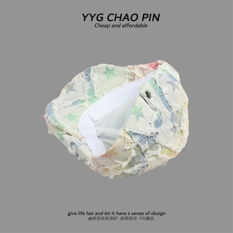 Trim Denim Gradient Star Print Distressed / Cap Newsboy Fringed