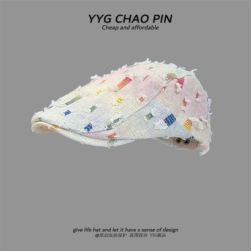 Trim Denim Gradient Star Print Distressed / Cap Newsboy Fringed