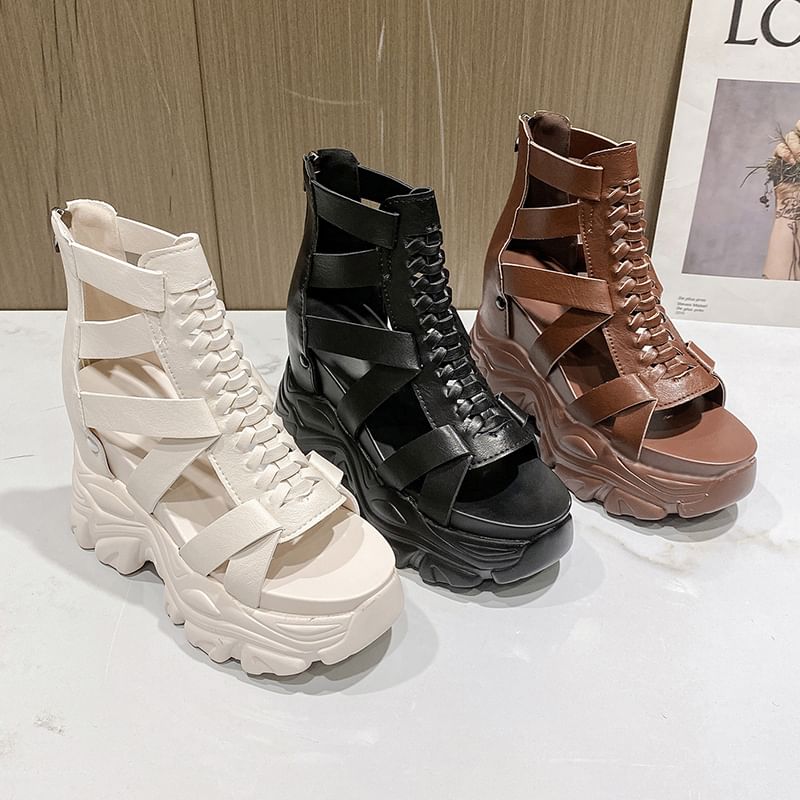 Platform Sandals Heel Strappy Lace-Up Chunky