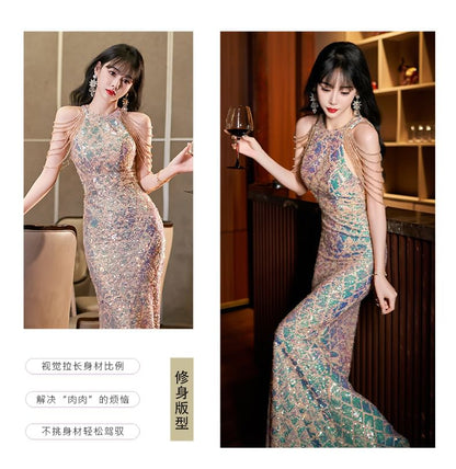 Sleeveless Halter Sequin Mermaid Evening Gown