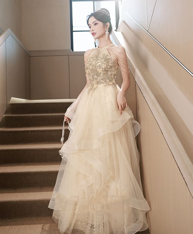 Mesh Evening Sleeveless Halter Gown Sequin A-Line