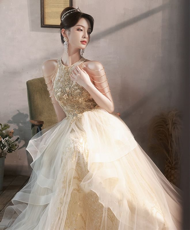 Mesh Evening Sleeveless Halter Gown Sequin A-Line