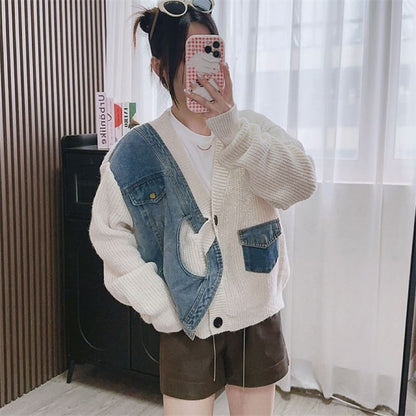 V-Neck Denim Panel Cardigan