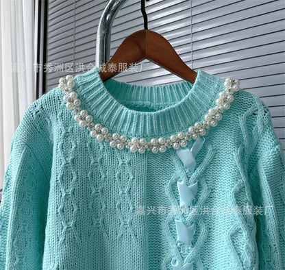 Round Neck Ribbon Faux Pearl Sweater