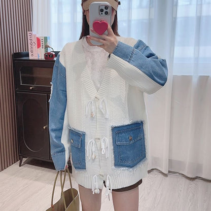 V-Neck Fringed Denim Panel Cardigan