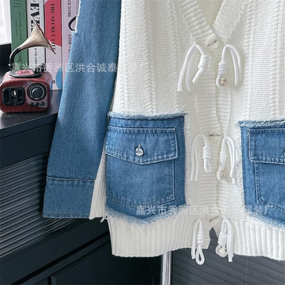 V-Neck Fringed Denim Panel Cardigan