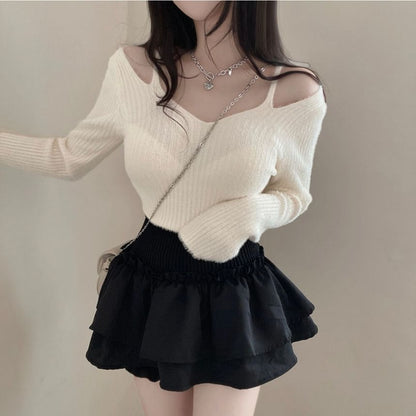 Cold Shoulder V-Neck Plain Ribbed Crop Sweater