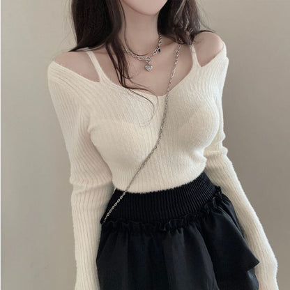 Cold Shoulder V-Neck Plain Ribbed Crop Sweater