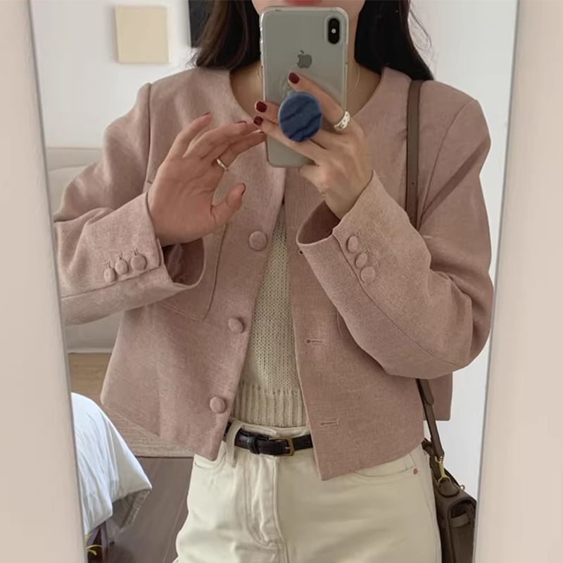 Crew Neck Plain Cropped Button Blazer