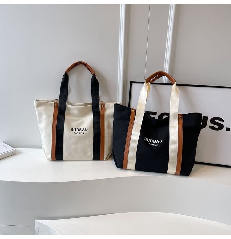 Print Lettering Tote Block Canvas Bag Color